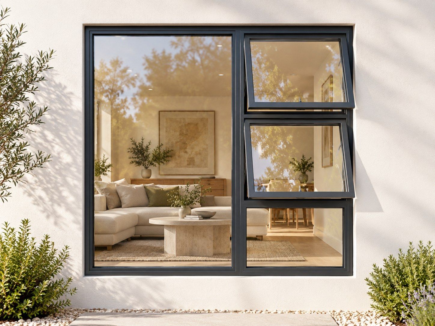 Kenzo Premium Top-Hung Aluminium Window - Charcoal, 1500 1500 mm, Right Two Openers with Fixed Lower and Side Panes, Clear Glass
