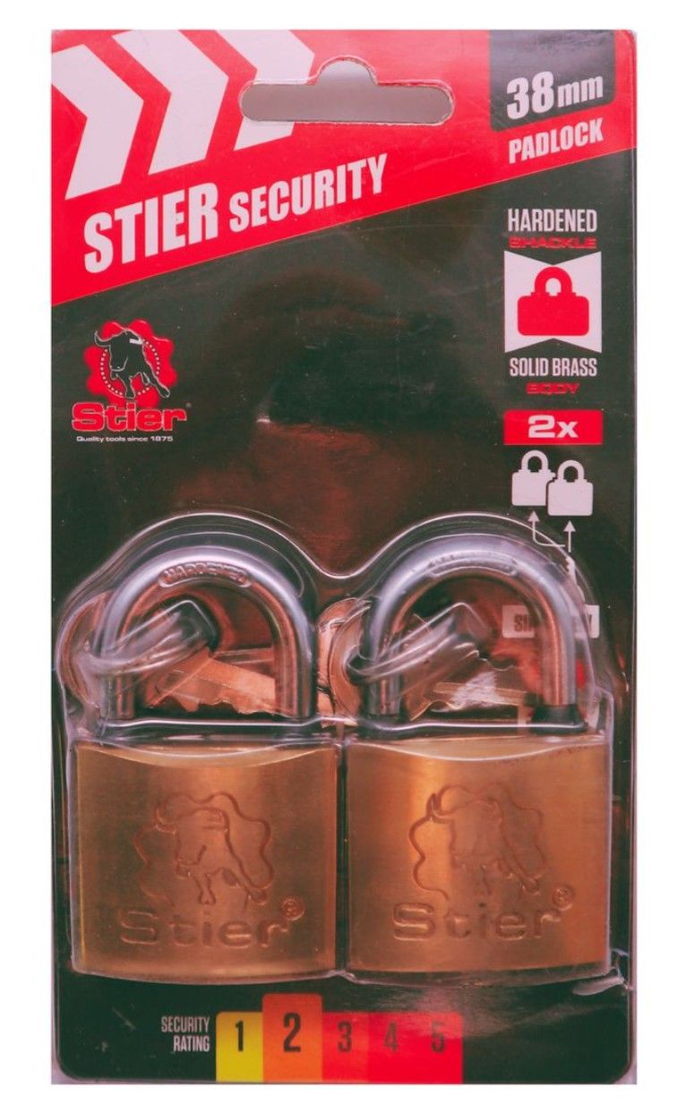 Stier Hardened Shackle 38mm Solid Brass Padlocks 6x keys - 2 Piece Bundle