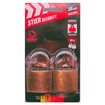 Stier Hardened Shackle 38mm Solid Brass Padlocks 6x keys - 2 Piece Bundle