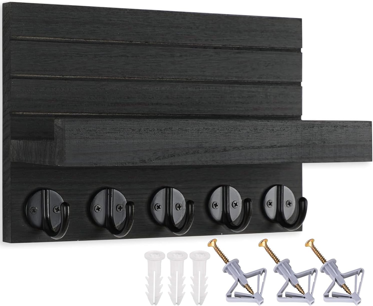 Wooden Key Holder Wall Mounted Rack With Mail Organiser,5 Metal Hook Hanger - Black