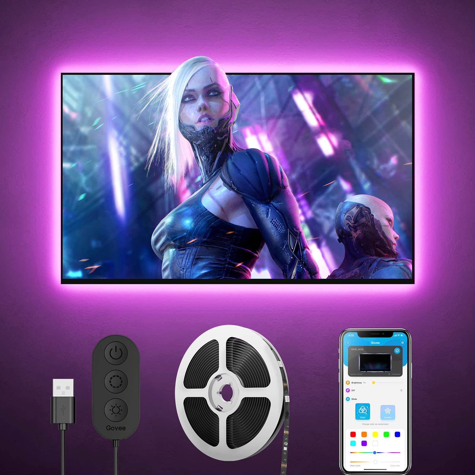 Govee TV LED Backlight - 3m - RGBIC Strip With App & Music Sync