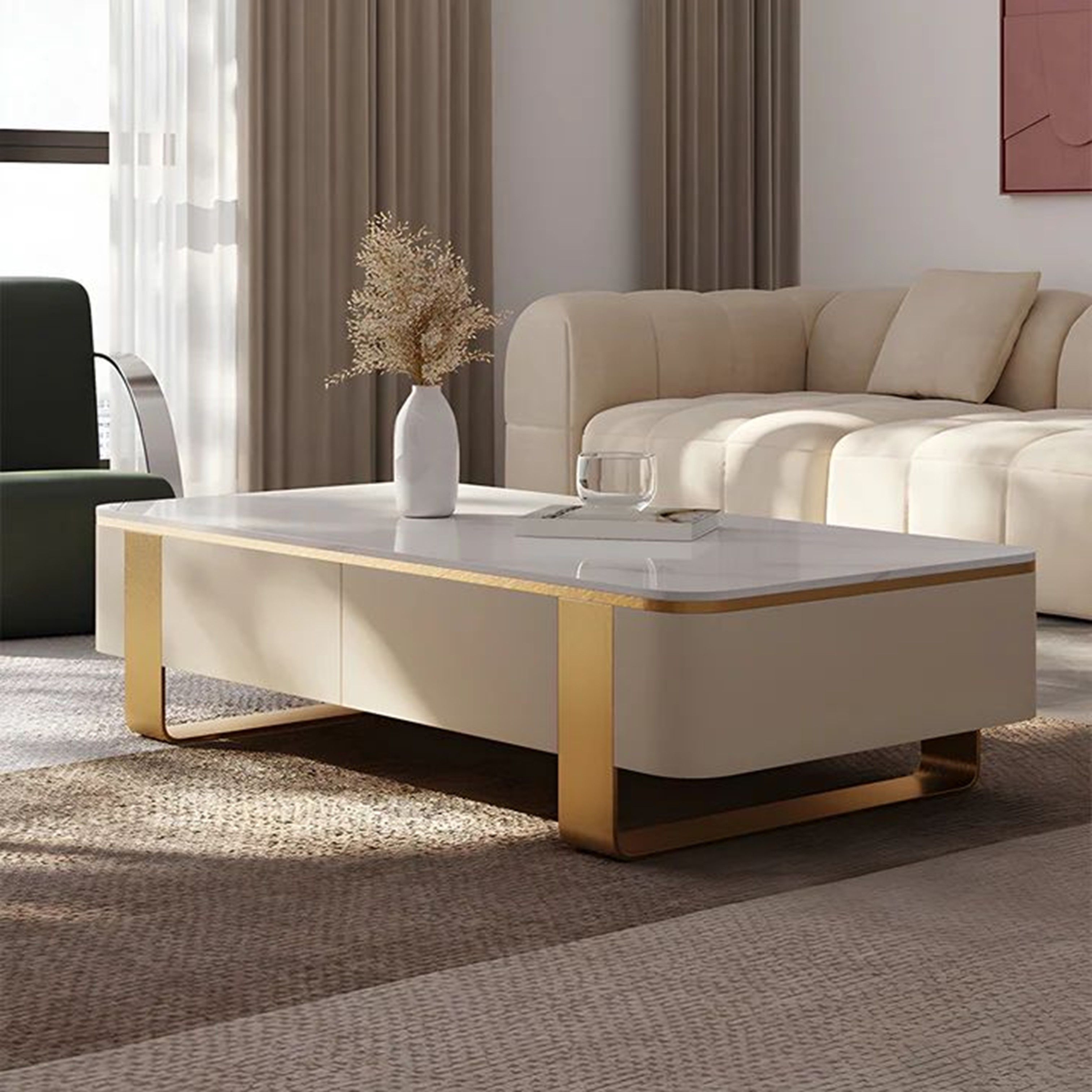 Madiega Furniture - Gold-Trimmed White Marble Coffee Table