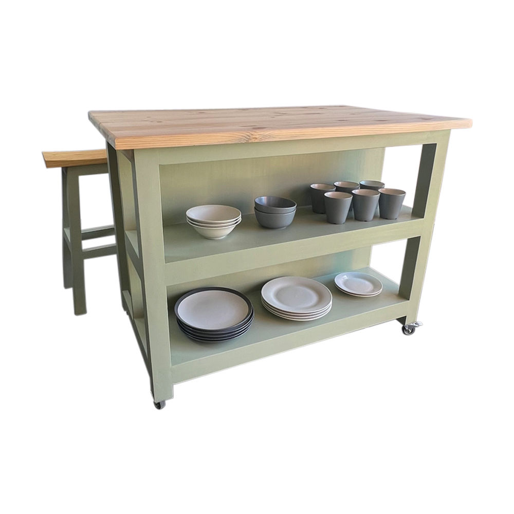 Struisbaai Solid Wood Sage-Green Kitchen Island – with Lockable Wheels, Shelves and Bar Table / Wooden Kitchen Trolley