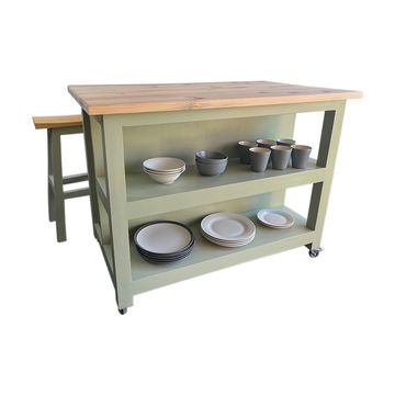 Struisbaai Solid Wood Sage-Green Kitchen Island – with Lockable Wheels, Shelves and Bar Table / Wooden Kitchen Trolley