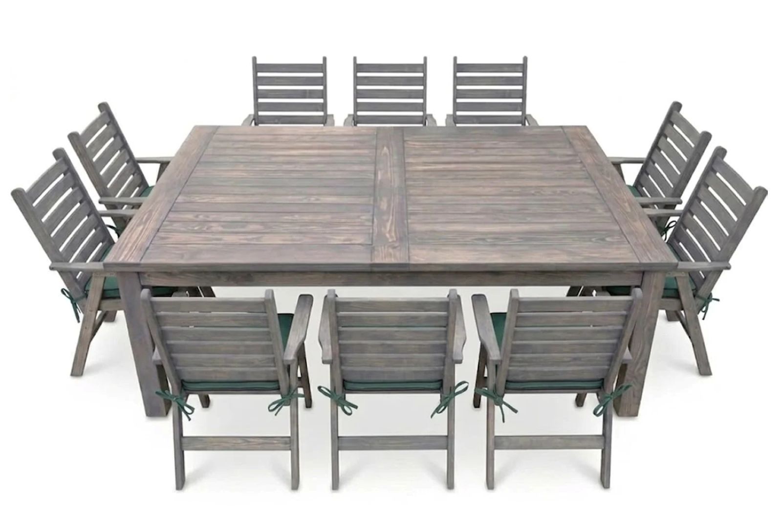Aged Pine Patio Dining Set 10-Seater 240cm (x1 Table x10 Highback Chairs x10 Green seat cushions )