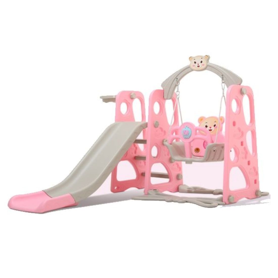 Kids Indoor Playground Set with Slide and Swing, Pink and Grey, Bear Design