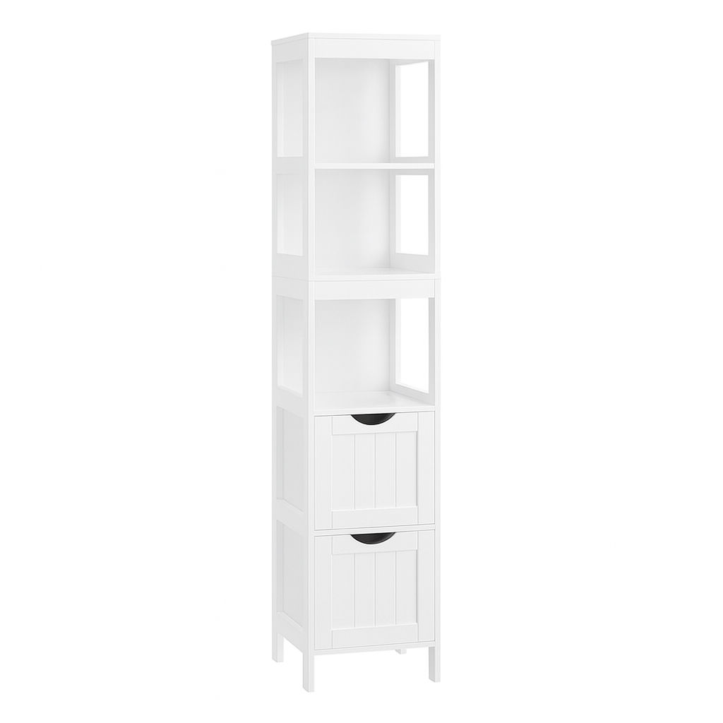 WHITE STORAGE CABINET - 2 DRAWERS, 3 SHELVES