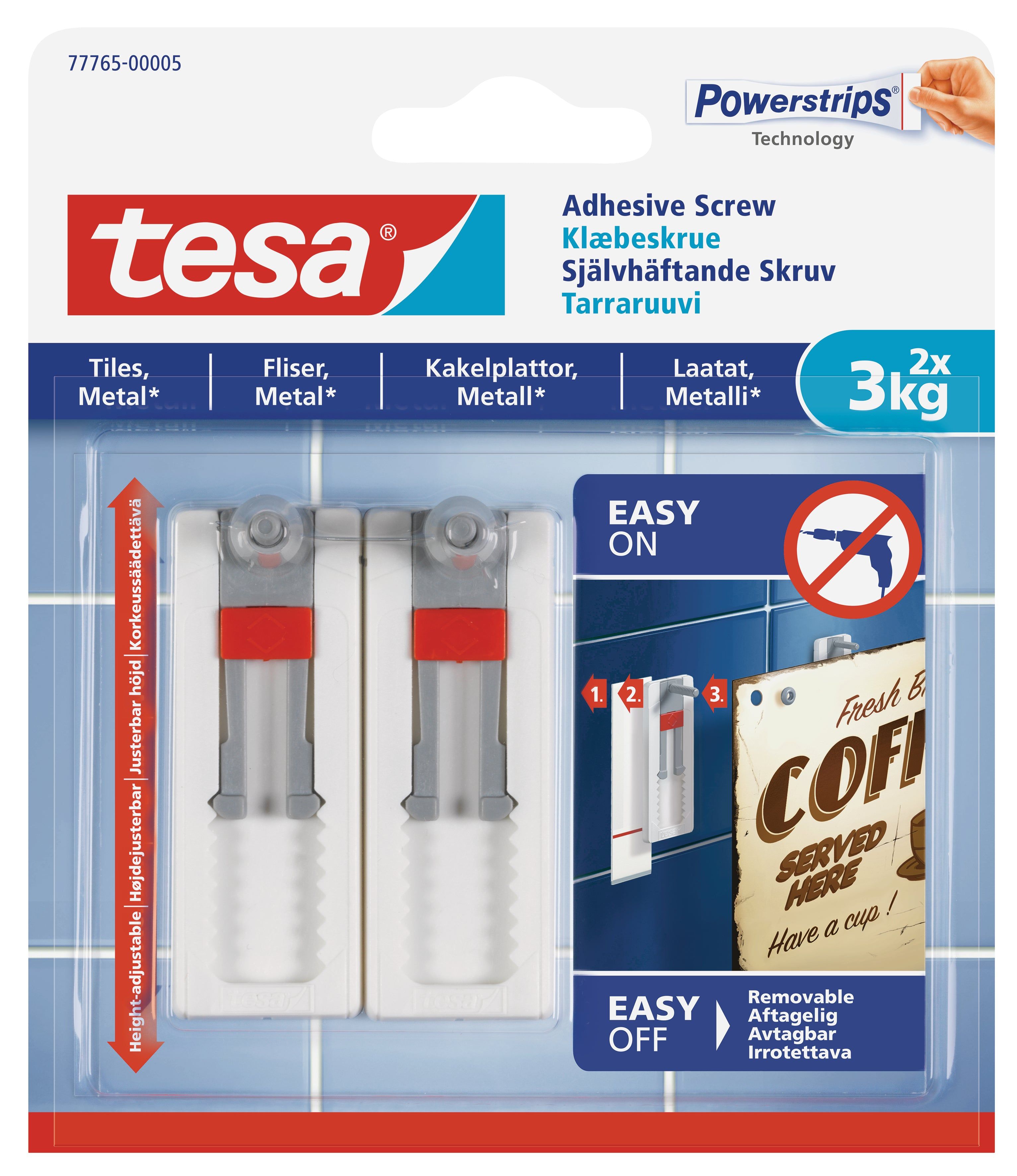 TESA Adhesive Screw Adjustable 2x3kg - Smooth and Solid Indoor Surfaces