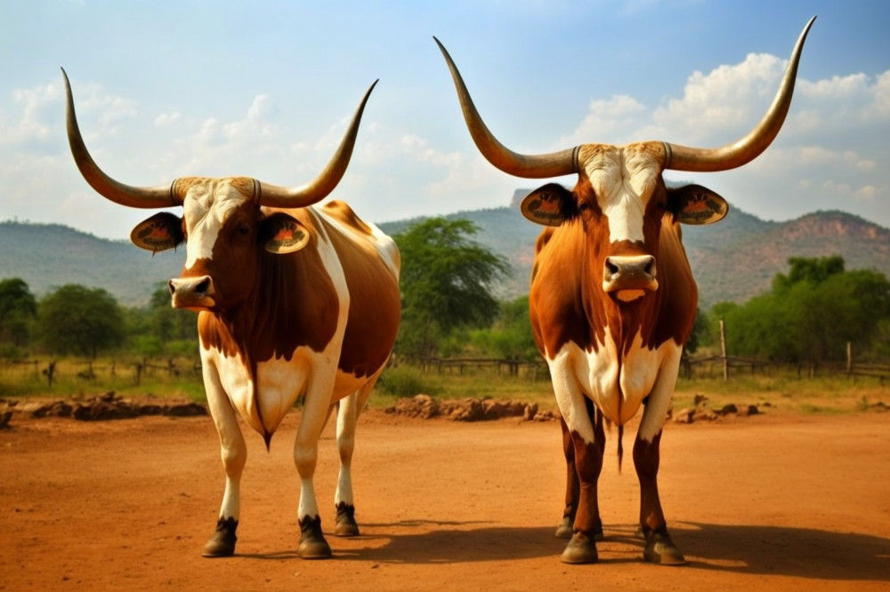 Canvas Wall Art - Two Ankole Cattle Standing - B1441 - [120 x 80 cm]