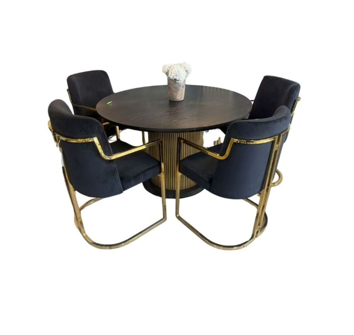 Modern Round Dining Table Set with 4 Upholstered Chairs, Black Table Top with Gold Base, Light Grey Fabric