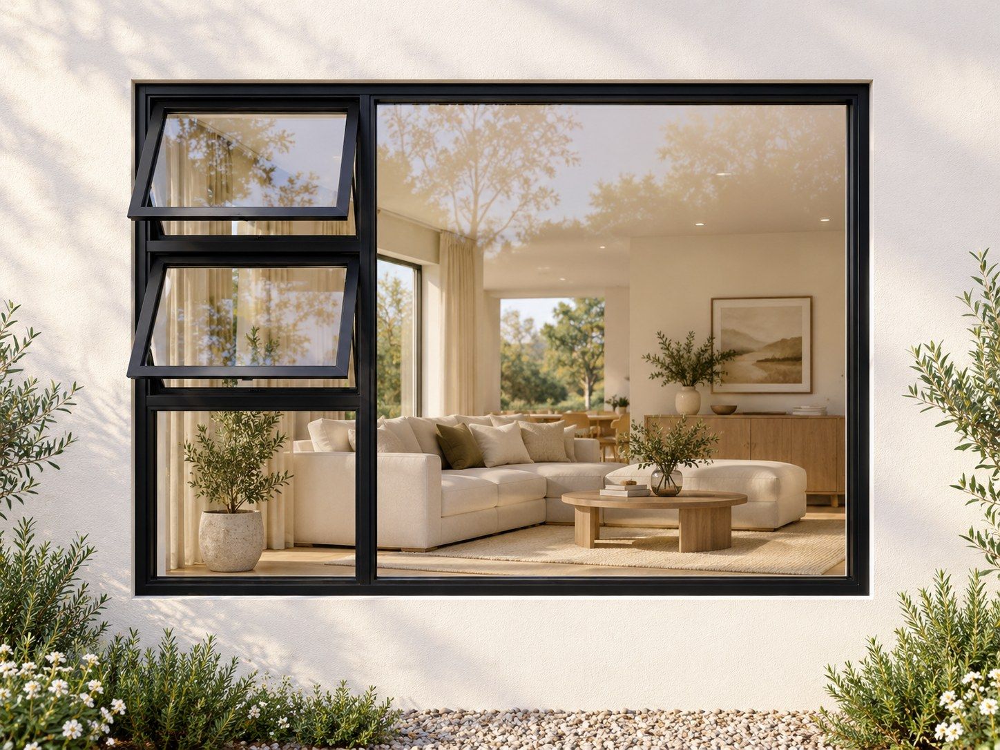 Kenzo Premium Top-Hung Aluminium Window - Black, 2400 1800 mm, Left Two Openers with Fixed Lower and Side Panes, Clear Glass