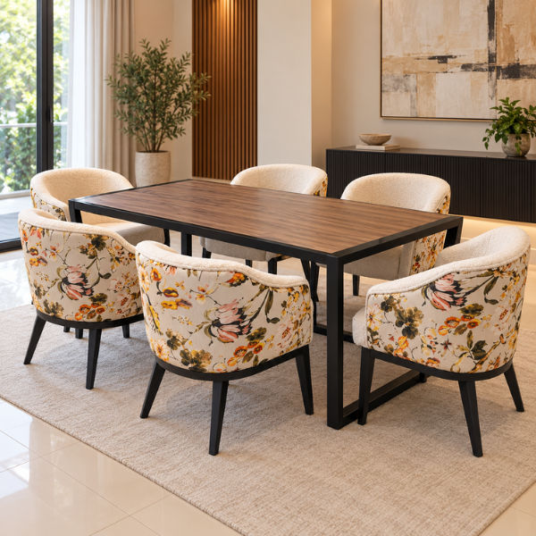 Lucky Furniture 7-Piece Dining Set with Brown Woodgrain Table & 6 Cream Floral Teddy Chairs – Black Frame