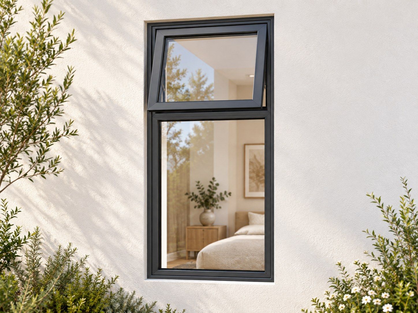 Kenzo Premium Top-Hung Aluminium Window - Charcoal, 600 1200 mm, Small Upper Opener with Large Fixed Lower Pane, Clear Glass
