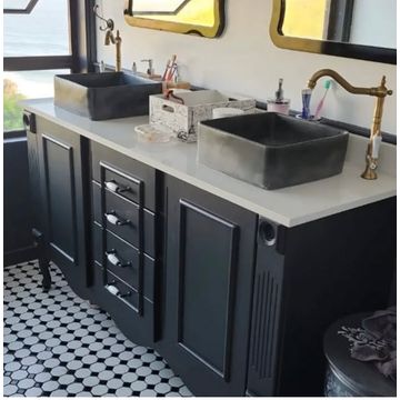 Black bathroom vanity with white quartz top. 1.2 x 500
