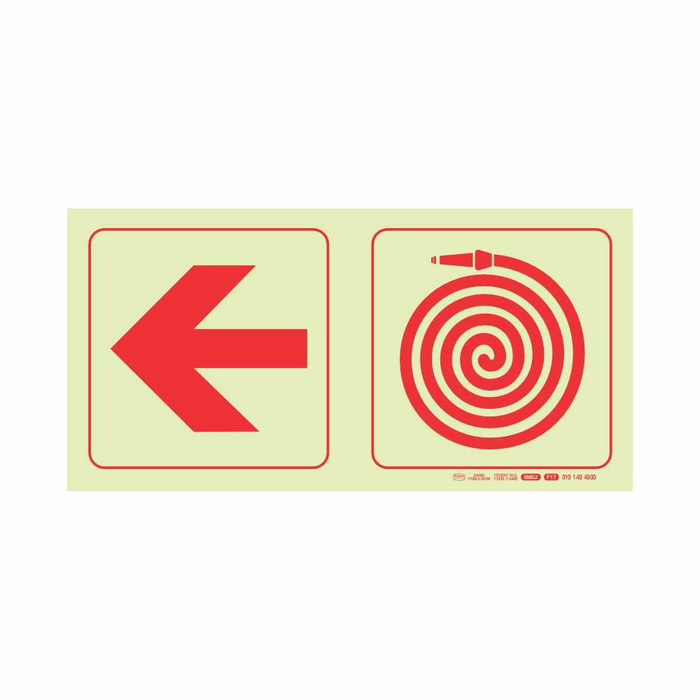 Photoluminescent 190mm Safety Sign F17 Arrow Left Fire Hose Reel